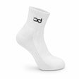 A single white ankle sock with a black stylized 'od' logo on the ribbed cuff, shown on a clean white background.