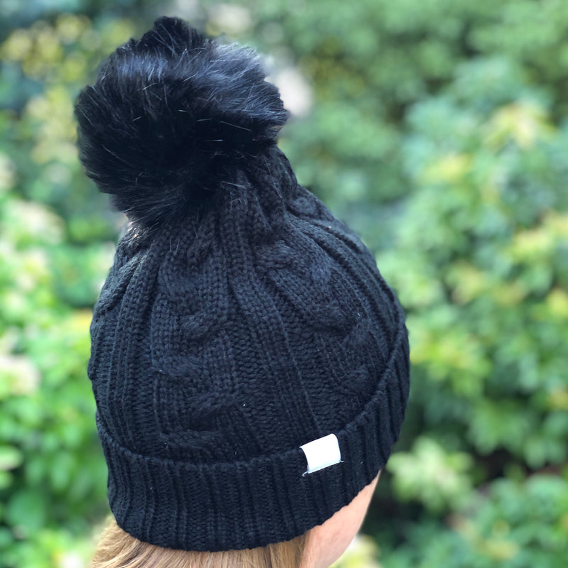 Black Fleece Lined Bobble Hat with changeable bobble.